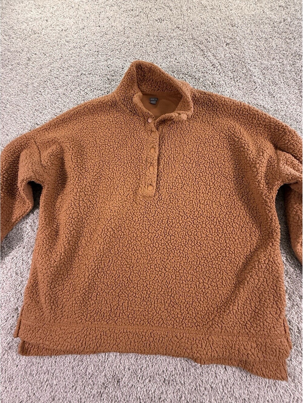 Aerie Sherpa Oversized Mockneck Pullover Button Womens Size Large Camel Brown